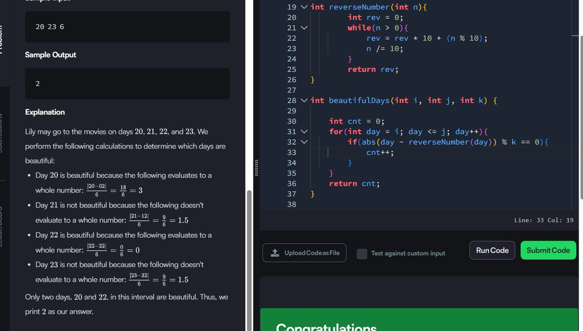 Muskanm_1227's tweet photo. Day 146/150 #150DaysOfCode | Daily DSA Practice Part 2 β‘
4. Save the Prisoner!: O(1) TC | O(1) SC
5. Beautiful Days at the Movies: O(N * log10(M)) TC | O(1) SC
#DSA #HackerRank #Cpp #Coding https://t.co/ZMPjnED2eG