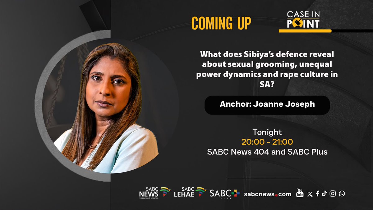 SABCNews's tweet photo. Tonight on Case In Point 

What does Sibiya’s defence reveal about sexual grooming, unequal power dynamics and rape culture in SA?

#Sibiya #RapeCulture https://t.co/j933ddVeLQ