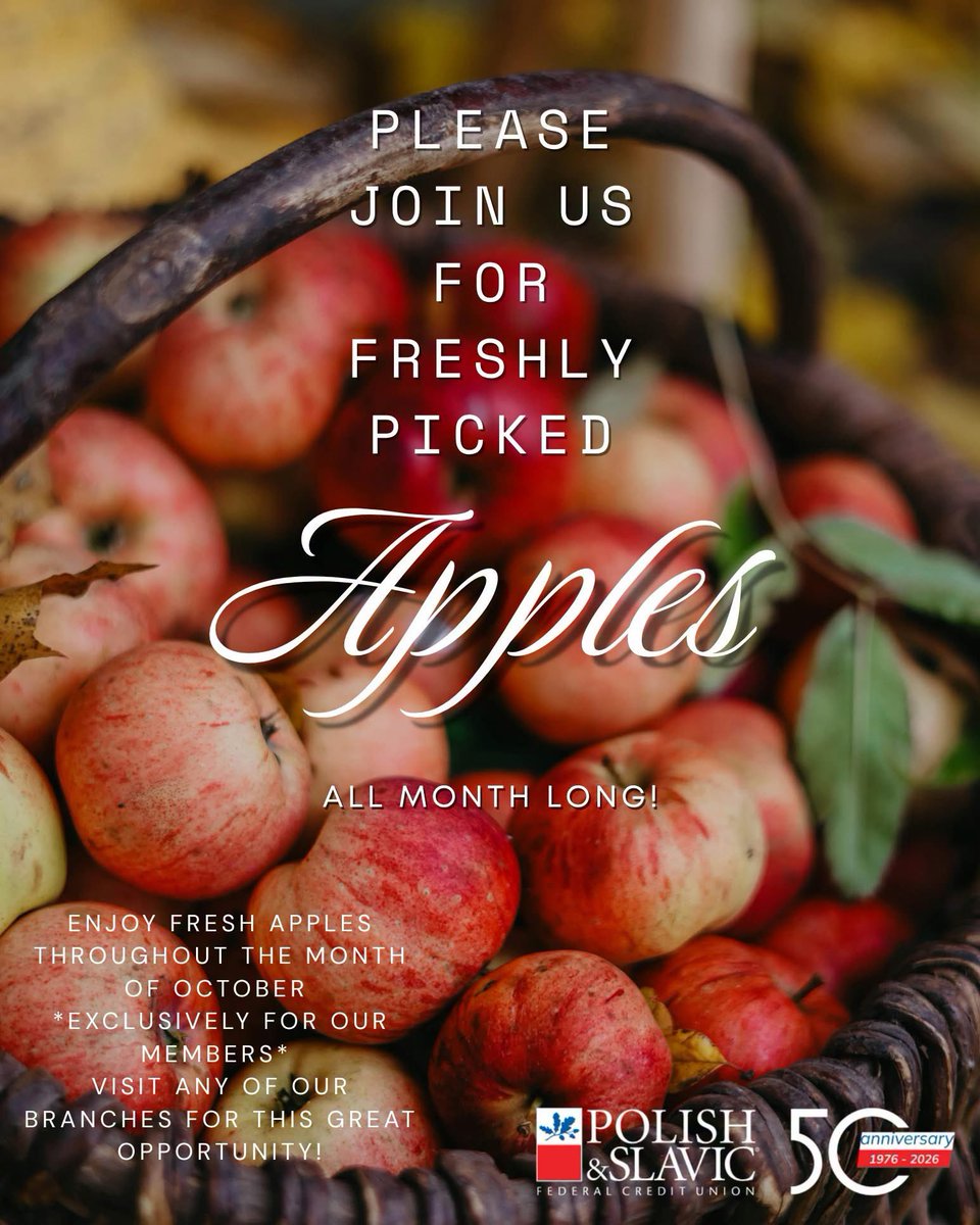 PolishSlavicFCU's tweet photo. Join us all month long for freshly picked apples available at all PSFCU branches! 🍎🍏🍎 #apples #appleseason #psfcu https://t.co/adrhs9I7uZ