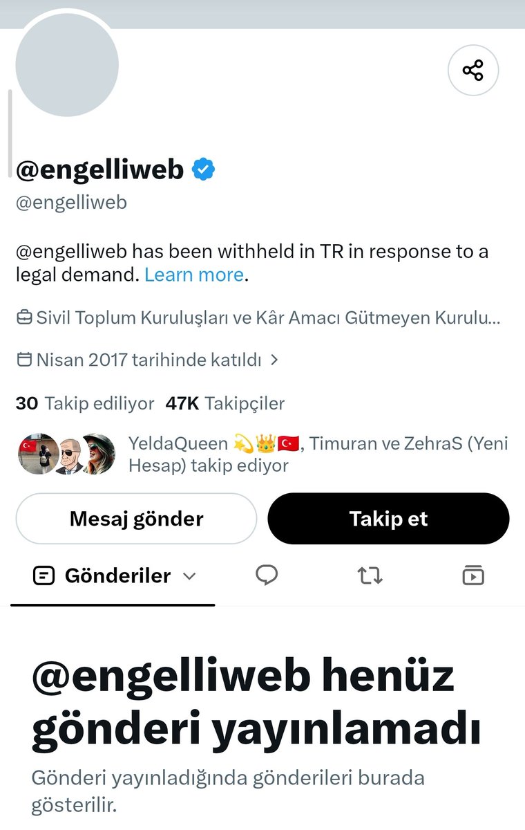 SoranTurkk's tweet photo. Sayfa içeriği olarak sadece Erişim Engeli getirilen profilleri paylaşan EngelliWeb hesabına ,

Erişim engeli getirildi .

Akp yüzyılı iyi mi ? https://t.co/bp8YdVJfN6
