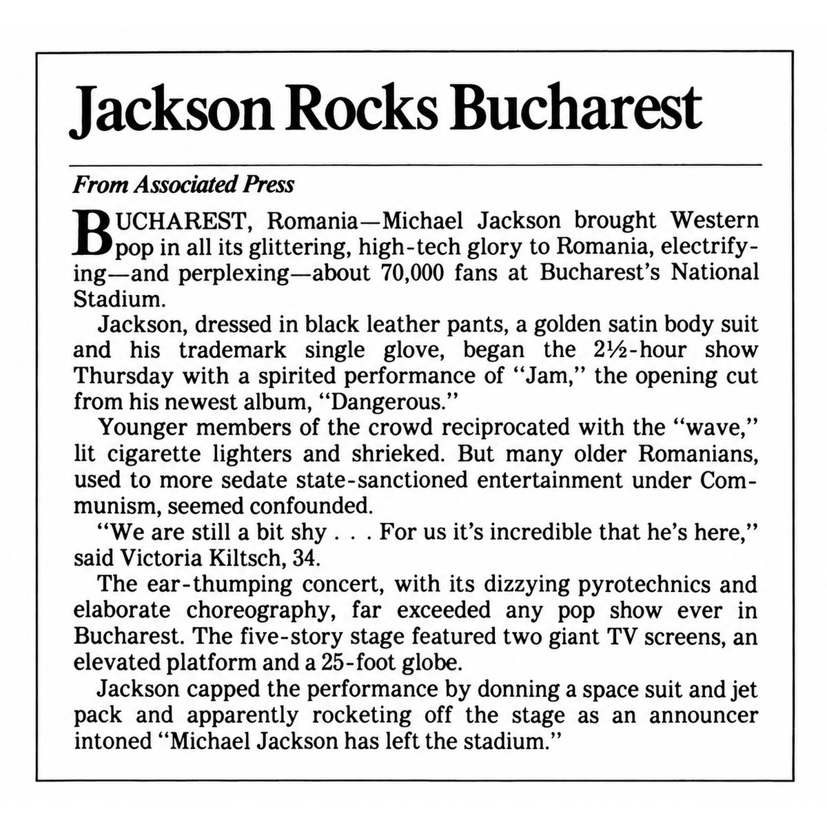 michaeljackson's tweet photo. On this date in 1992, Michael Jackson closed the 1st leg of his Dangerous World Tour in Bucharest, Romania. One fan told the AP that Romanians “are a bit shy,” but the crowd’s reaction to Michael was anything but. Watch the 2-hour concert now: https://t.co/rqZLzaYcRs https://t.co/OB2iWIQvNH