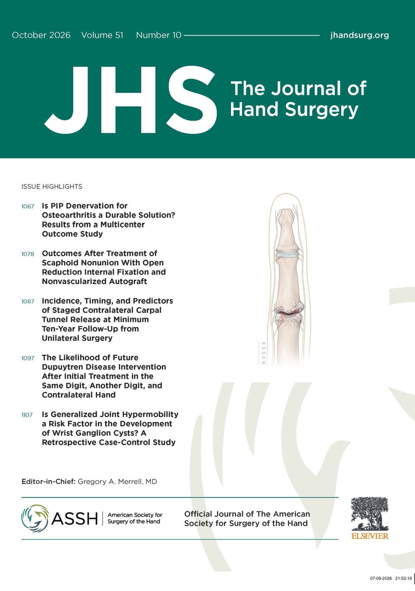 JHandSurg's tweet photo. The October 2026 issue of JHS is live! https://t.co/YL3IYOjCmY

Our cover image is from "Is PIP Denervation for Osteoarthritis a Durable Solution? Results from a Multicenter Outcome Study" by Esmee Kwee et al. https://t.co/UmPyjcrRIi