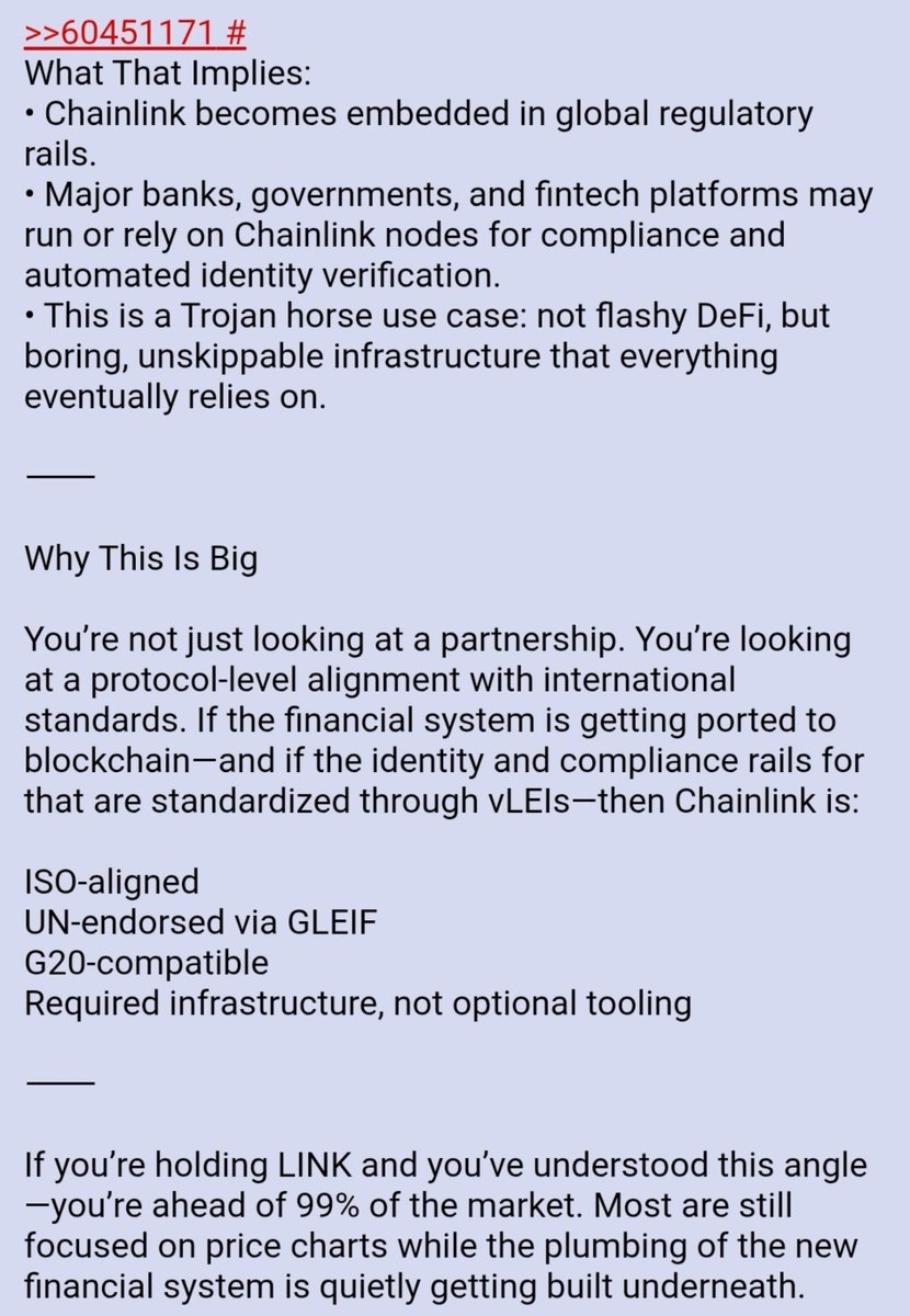 bob4punk's tweet photo. 99% of crypto retail has no clue what GLEIF is.

In hindsight, $LINK becoming one of the most valuable digital commodities on earth is going to look embarrassingly obvious.

https://t.co/BjxksAfCBo https://t.co/um22AFYXkg
