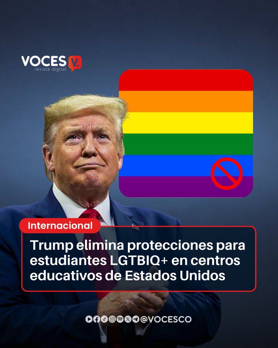 vocesco's tweet photo. #Voces | El Gobierno de Donald Trump eliminó formalmente las protecciones federales que la administración de Joe Biden había establecido para estudiantes LGTBIQ+ frente a la discriminación por orientación sexual e identidad de género en instituciones educativas de Estados Unidos.

La decisión fue adoptada por el Departamento de Educación, dirigido por Linda McMahon, que revocó la regulación de 2024 y restableció las normas de 2020, aprobadas durante el primer mandato de Trump. El cambio afecta al Título IX, una ley de 1972 que prohíbe la discriminación por razón de sexo en programas educativos que reciben financiación federal.

La regulación de Biden había interpretado que esa prohibición también incluía la discriminación basada en la orientación sexual y la identidad de género. Además, ampliaba las protecciones relacionadas con el acoso y las agresiones sexuales en entornos educativos.