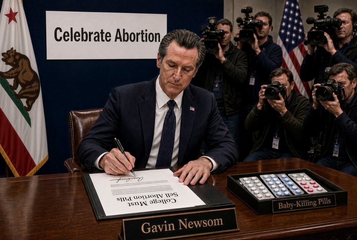 LifeNewsHQ's tweet photo. Gavin Newsom has signed a bill expanding his mandate forcing EVERY college in California to sell abortion pills.

But none of them offer prenatal care for women and children.

So far 1,700 babies have been killed in abortions under Newsom's abortion mandate. https://t.co/MBIjolhdFh