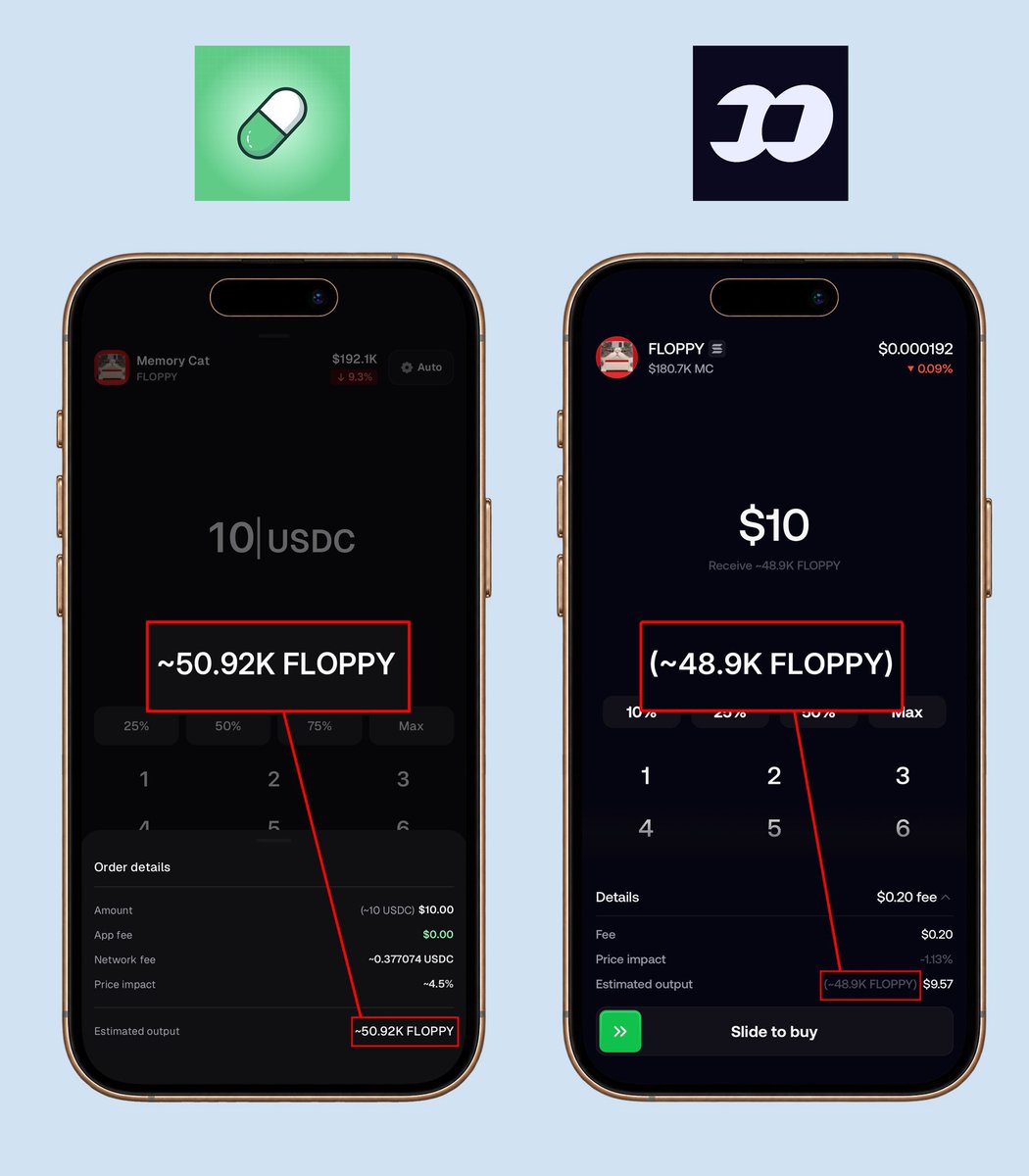 loshmi's tweet photo. people can shit on pump all they want

but

this picture tells you everything you need to know

not to mention that fomo fees are outrageous as well, it’s not just slippage https://t.co/6hyX5vCw8M
