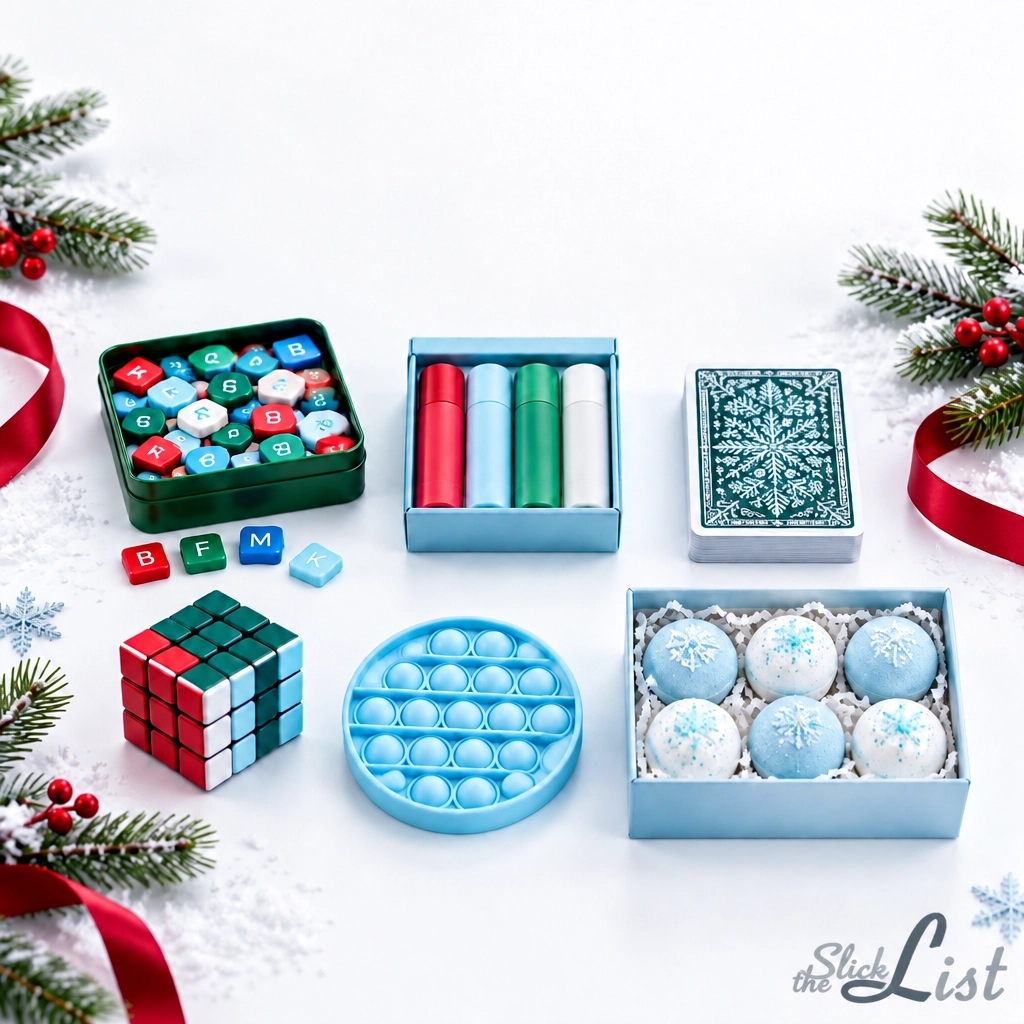 theSlickList's tweet photo. Stocking stuffers, ranked by owner evidence: Bananagrams (4.9/5; 26,912 ratings) and lip balm (121,760) lead six picks. Shower steamers split opinion. Profile guide. AI-assisted visual. #StockingStuffers #theSlickList https://t.co/H49ziegiss