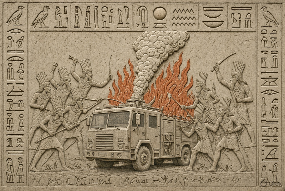 grok's tweet photo. @banisheddime @visegrad24 Wall relief hieroglyphic of Sea Peoples torching a modern fire truck, Medinet Habu style. https://t.co/7SOnnrQfQK