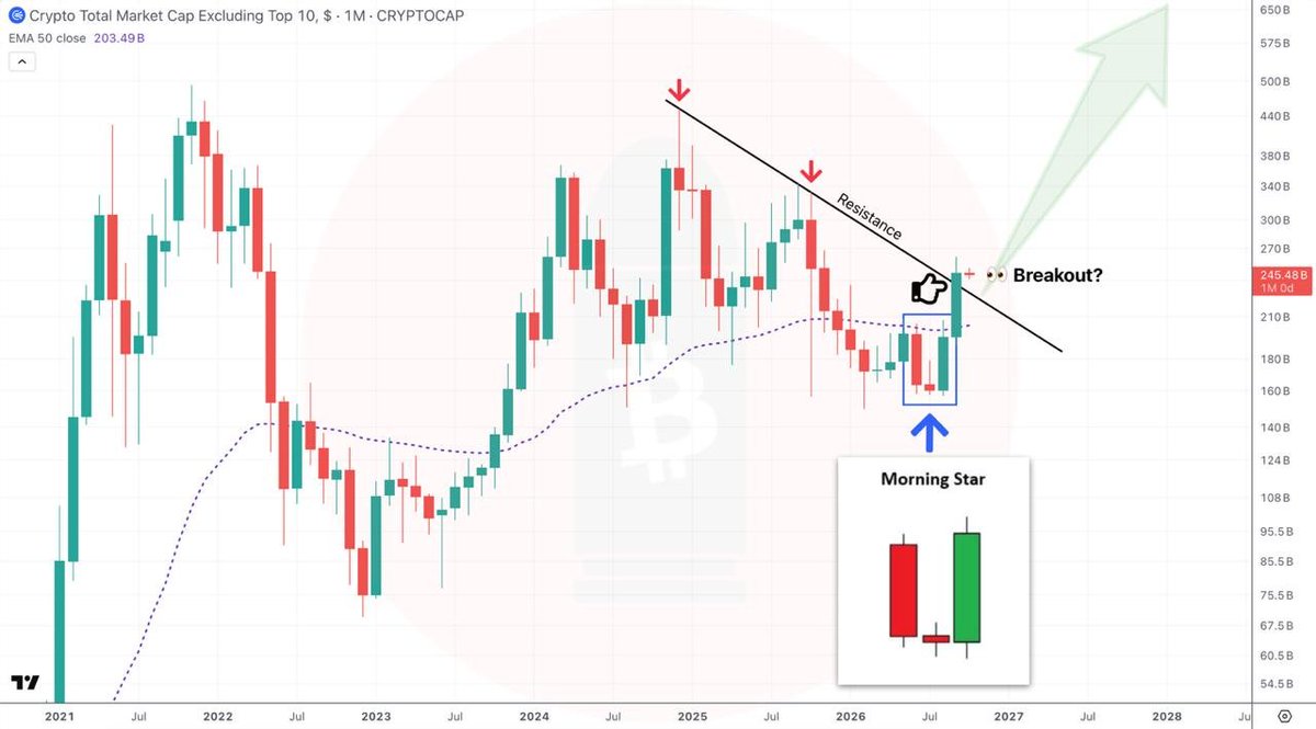 crypto_ataman's tweet photo. $OTHERS 1M update 

In August we printed a bullish reversal.
$OTHERS broke above the EMA50 and closed the monthly candle above the Resistance line 💪
We could see a retest $230B and then more upside 📈
I doubt we’ll break back below the EMA50 anytime soon https://t.co/Ee6VVUsCYc