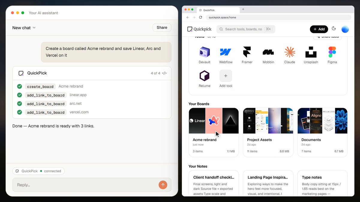 A split-screen interface shows an AI assistant on the left that has created an 'Acme rebrand' board with links to Linear, Arc, and Vercel via QuickPick integration, and the QuickPick workspace on the right displaying tools like Devault, Webflow, Framer, Mobbin, Claude, Unsplash, and Figma.