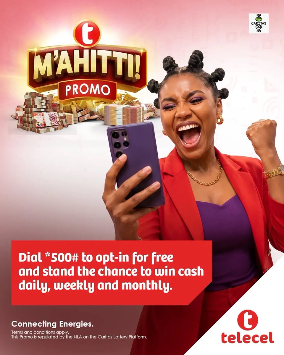 Telecelcash's tweet photo. Want to be Ghana’s next millionaire? 💰 Opt in FREE to the M’AHITTI Promo, reload GH¢10 airtime/data, top up Telecel Cash, or recharge Fixed Broadband to win daily, weekly &amp; monthly prizes! Dial 500# or use Telecel Play App. https://t.co/zOQLwEmZN3 #Telecel #MAHITTIPromo https://t.co/qHCA9YUUHA