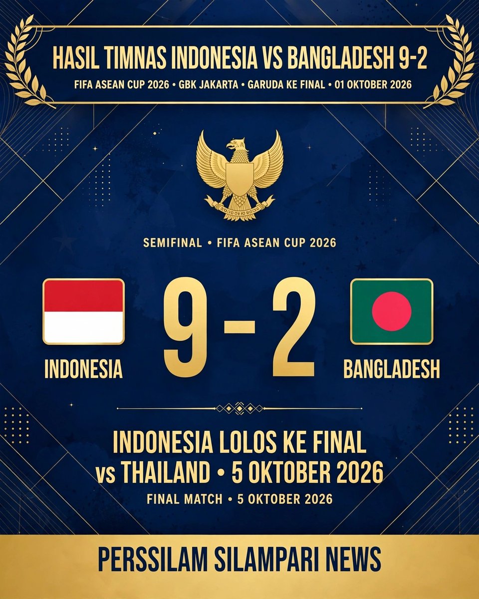 perssilam2022's tweet photo. 🔥 FT: Indonesia 9-2 Bangladesh! 🇮🇩

GARUDA KE FINAL FIFA ASEAN CUP 2026! 🏆

Malaysia menang 6-0 vs Singapura tapi gagal lolos

Final: Indonesia vs Thailand - 5 Okt GBK! ⚽️

#TimnasIndonesia #FIFAASEANCup2026 https://t.co/h0b79sZUqY