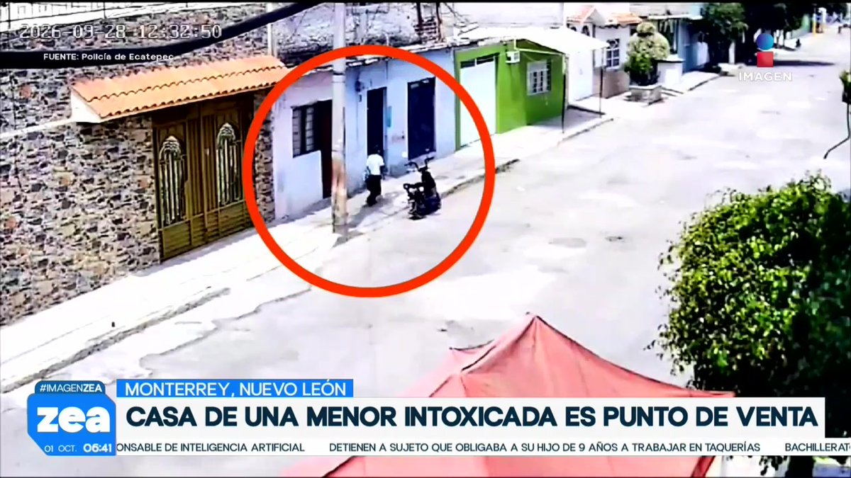 A news broadcast screenshot showing CCTV footage from Monterrey, Nuevo León, with the headline "CASA DE UNA MENOR INTOXICADA ES PUNTO DE VENTA" and a red circle highlighting a person on the street.