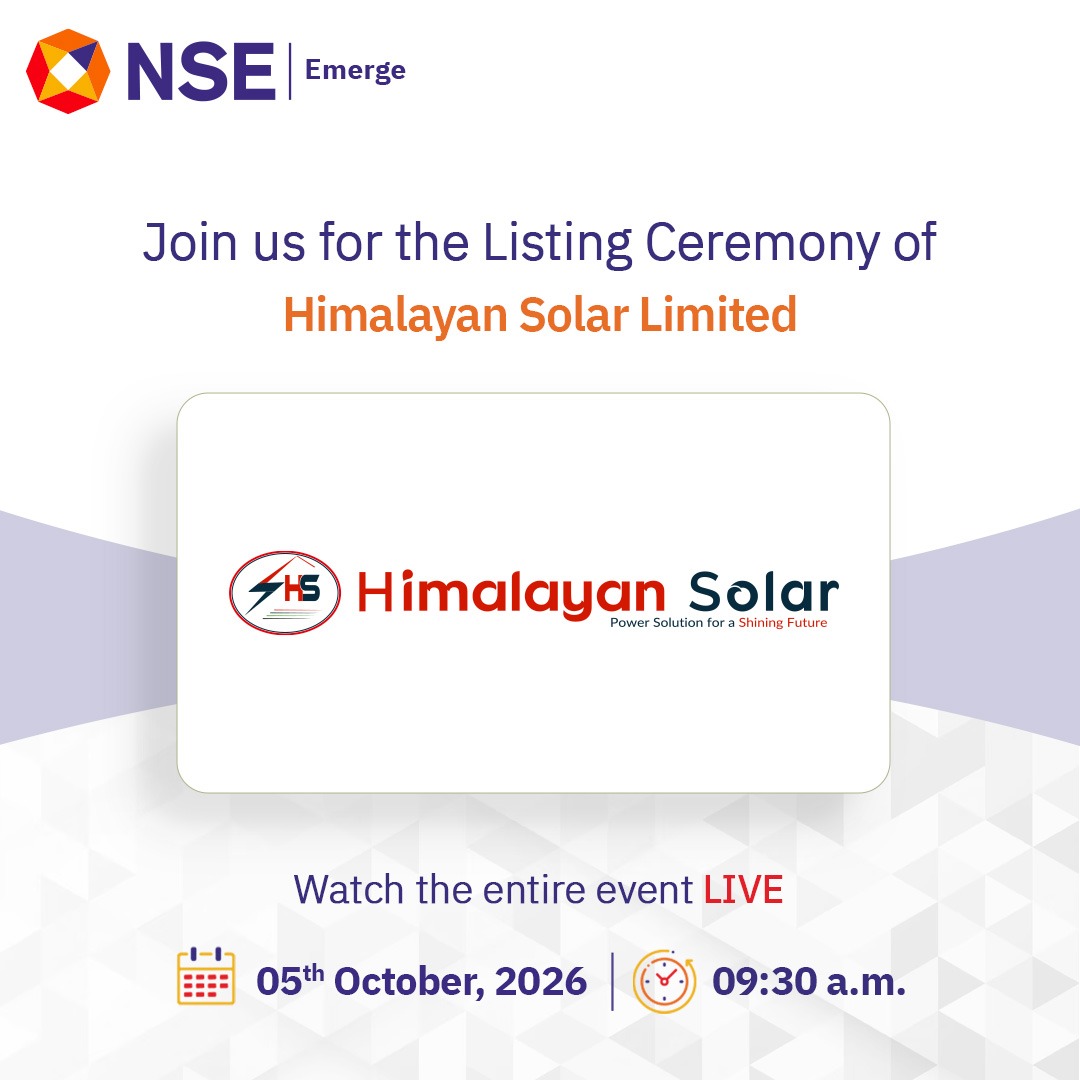 NSEIndia's tweet photo. Do join us LIVE tomorrow for the listing ceremony of Himalayan Solar Limited on NSE Emerge. Event link to be shared soon!

#NSEIndia #NSEEmerge #listing #IPO #StockMarket #ShareMarket #HimalayanSolarLimited @ashishchauhan https://t.co/35C8ycp7Pb