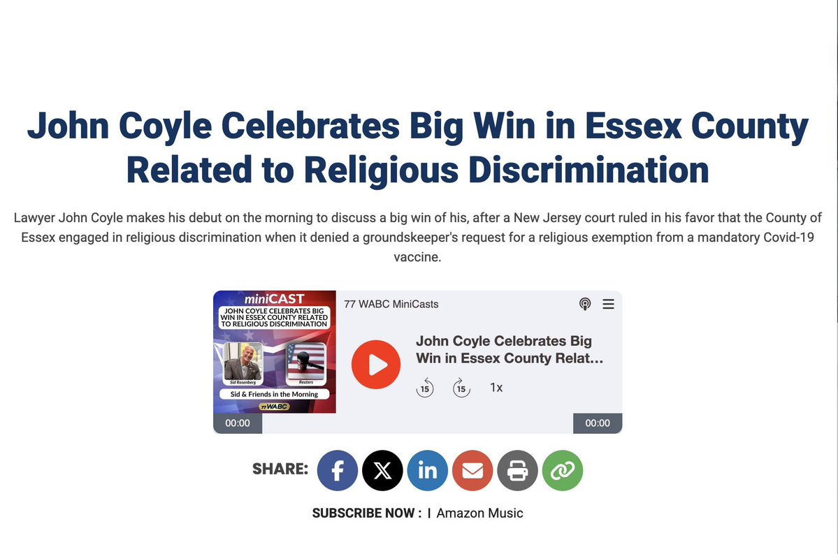 NJStandsUp's tweet photo. 📷 RELIGIOUS EXEMPTION CASE WIN 📷
Listen to John Coyle, Esq., describe his win where he represented a groundskeeper whose employer refused to honor his religious exemption (while Muslim employees religious exemptions were accepted) and lost his job.

https://t.co/xUIX75wzaW https://t.co/6TI6uyBJck