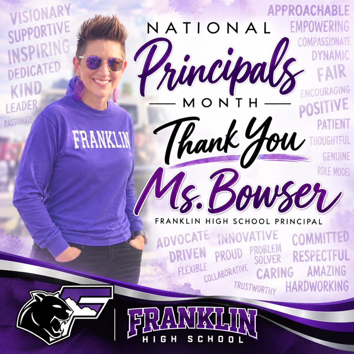 TXFHSCougars's tweet photo. 💜 Happy National Principals Month to our very own Ms. Bowser! Thank you for your inspiring leadership, dedication, and unwavering support of our Cougar family. We appreciate all that you do to make Franklin amazing! 🐾

#NationalPrincipalsMonth #CougarPowerhouse https://t.co/EEKbhHo906
