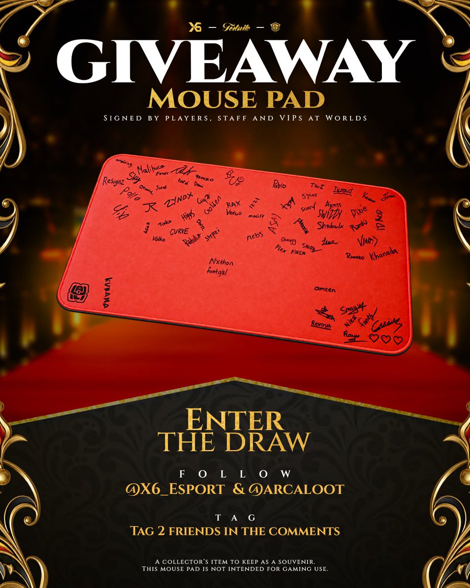 X6_Esport_eu's tweet photo. 🎁 GIVEAWAY — X6 ESPORT × ARCALOOT

Tentez de remporter un tapis de souris collector unique, signé par les joueurs, staffs & VIPs présents aux Worlds ✍️ 

Pour participer :
◾️ Follow @X6_Esport_eu & @arcaloot 
◾️ Retweet ce post
◾️ Mentionne 2 amis en commentaire

Un véritable souvenir des Worlds à ajouter à votre collection 🏆
