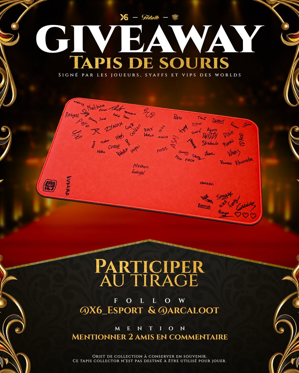 X6_Esport_eu's tweet photo. 🎁 GIVEAWAY — X6 ESPORT × ARCALOOT

Tentez de remporter un tapis de souris collector unique, signé par les joueurs, staffs & VIPs présents aux Worlds ✍️ 

Pour participer :
◾️ Follow @X6_Esport_eu & @arcaloot 
◾️ Retweet ce post
◾️ Mentionne 2 amis en commentaire

Un véritable souvenir des Worlds à ajouter à votre collection 🏆