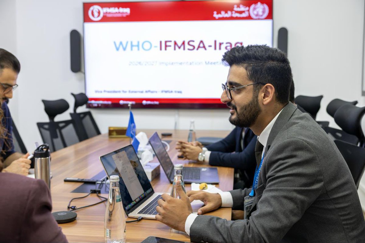 WHOIraq's tweet photo. التقت الدكتورة جميلة الراعبي، ممثلة منظمة الصحة العالمية في العراق، بأعضاء المجلس التنفيذي المنتخب حديثاً للاتحاد الدولي لجمعيات طلبة الطب (IFMSA) للفترة 2026–2027، وذلك في أول يوم لهم في مهامهم.

وبحث اللقاء فرص تعزيز التعاون في مجالات إشراك الشباب، وتعزيز الصحة، والمبادرات الصحية المجتمعية في مختلف أنحاء العراق، مع التركيز على الأنشطة التي يقودها الشباب والمنسجمة مع استراتيجية التعاون القُطري لمنظمة الصحة العالمية في العراق (CCS) للفترة 2026–2030.

وقالت الدكتورة الراعبي: «طلبة الطب الشباب ليسوا مستقبل الرعاية الصحية فحسب، بل هم أيضاً شركاء مهمون في بناء مجتمعات أكثر صحة اليوم. وتلتزم منظمة الصحة العالمية بتمكين الشباب وتعزيز دورهم في مجال الصحة العامة».

وتتطلع منظمة الصحة العالمية في العراق إلى العمل مع الاتحاد الدولي لجمعيات طلبة الطب لتحويل الأولويات المشتركة إلى مبادرات فاعلة يقودها الشباب وتسهم في تحقيق الصحة للجميع.

—

Dr Jamela Al-Raiby, WHO Representative in Iraq, met with the newly elected Executive Board of the International Federation of Medical Students’ Associations (IFMSA) for 2026–2027 on their first day in office.

The meeting explored opportunities to strengthen collaboration in youth engagement, health promotion and community health initiatives across Iraq, with a focus on youth-led activities aligned with WHO Iraq’s Country Cooperation Strategy (CCS) 2026–2030.

“Young medical students are not only the future of health care but also important partners in shaping healthier communities today. WHO is committed to empowering young people and strengthening their role in public health,” said Dr Al-Raiby.

WHO Iraq looks forward to working with IFMSA to translate shared priorities into meaningful youth-led initiatives that contribute to achieving Health for All.