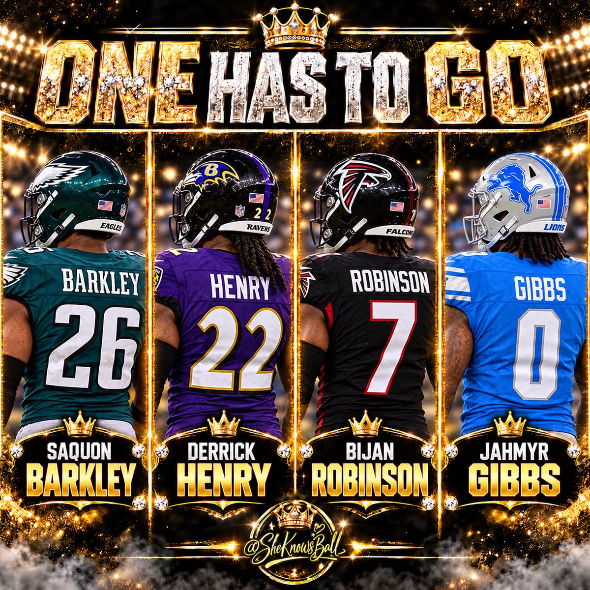 SheKnowsBall_'s tweet photo. One has to go: 

Saquon Barkley
Derrick Henry 
Bijan Robertson
Jahmyr Gibbs 

Who are you cutting? 👀🏈 https://t.co/eQPZAtZoSF