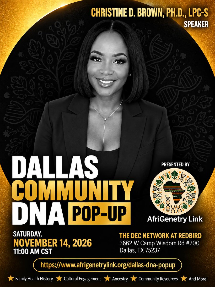 Afrigenetrylink's tweet photo. Meet another powerful voice joining us in Dallas.

We’re excited to welcome Christie D. Brown, Ph.D., LPC-S, licensed professional counselor-supervisor and clinical executive, to the Dallas Community DNA Pop-Up.

Register for the community DNA Pop-Up: https://t.co/USiXRrXmJN https://t.co/uN6m9ZKi0e