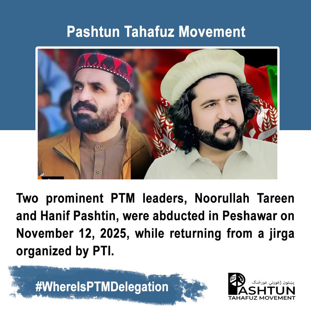 ptm_momand's tweet photo. Noorullah Tareen and Hanif Pashteen have remained missing for months, leaving their families in painful uncertainty. Their whereabouts must be clarified, and their families deserve a clear answer. #WhereIsPTMDelegation #WhereIsNoorUllahTareen #WhereIsHanifPashteen https://t.co/SzoyBt6WQ3