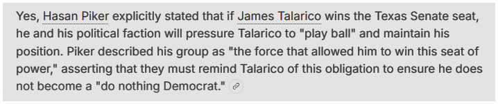 senze_common's tweet photo. @KXAN_News Talarico's handler, Hasan Piker, says: If you vote for Talarico who will he represent, you or the DSA. Very scary. Just a friendly reminder: "If you keep voting LEFT,  You'll have NOTHING left" https://t.co/lXdCKYs7MZ