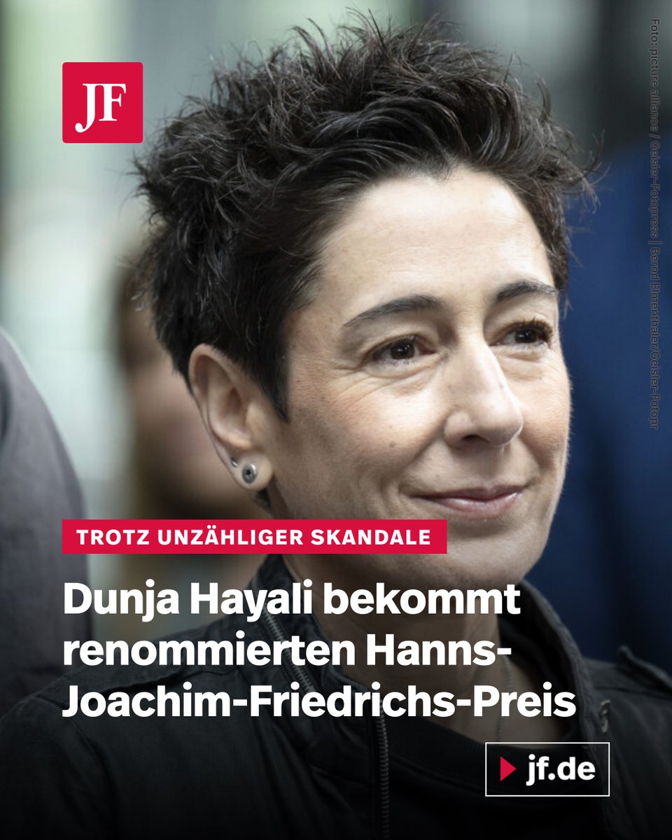 jungefreiheit's tweet photo. Trotz ungekennzeichneter KI-Beiträge und der Relativierung von Charlie Kirks Ermordung bekommt die ZDF-Moderatorin Dunja Hayali den Hanns-Joachim-Friedrichs-Preis. Die Entscheidung fällt eine Jury, die von einer bekannten ARD-Moderatorin geführt wird.

https://t.co/nJbaiPCI7g https://t.co/8TiYPgm2PI