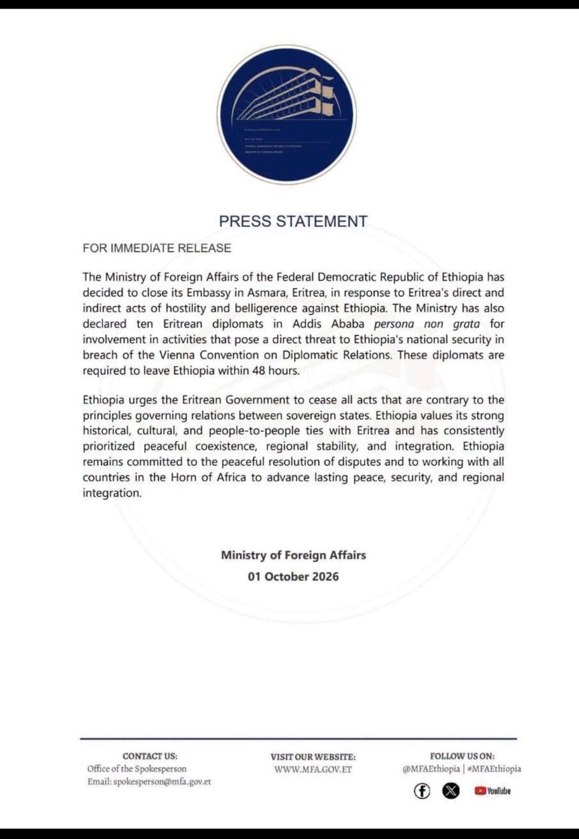 johniabraha's tweet photo. Major diplomatic escalation. Ethiopia closed its embassy in Asmara and declared 10 Eritrean diplomats in Ethiopia persona non grata. 

👇🏿 https://t.co/7OB87ydhiR