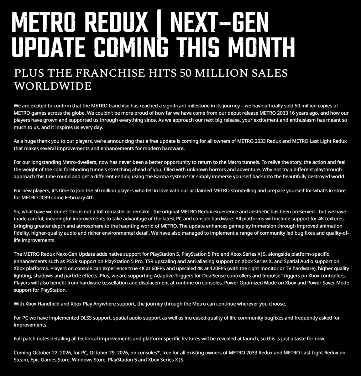 Wario64's tweet photo. METRO 2033 Redux and METRO Last Light Redux "next-gen" update coming Oct 22 for PC, Oct 29 for PS5/Xbox Series. Free for existing owners https://t.co/pfT9EYe2vJ https://t.co/7766iTE3T4