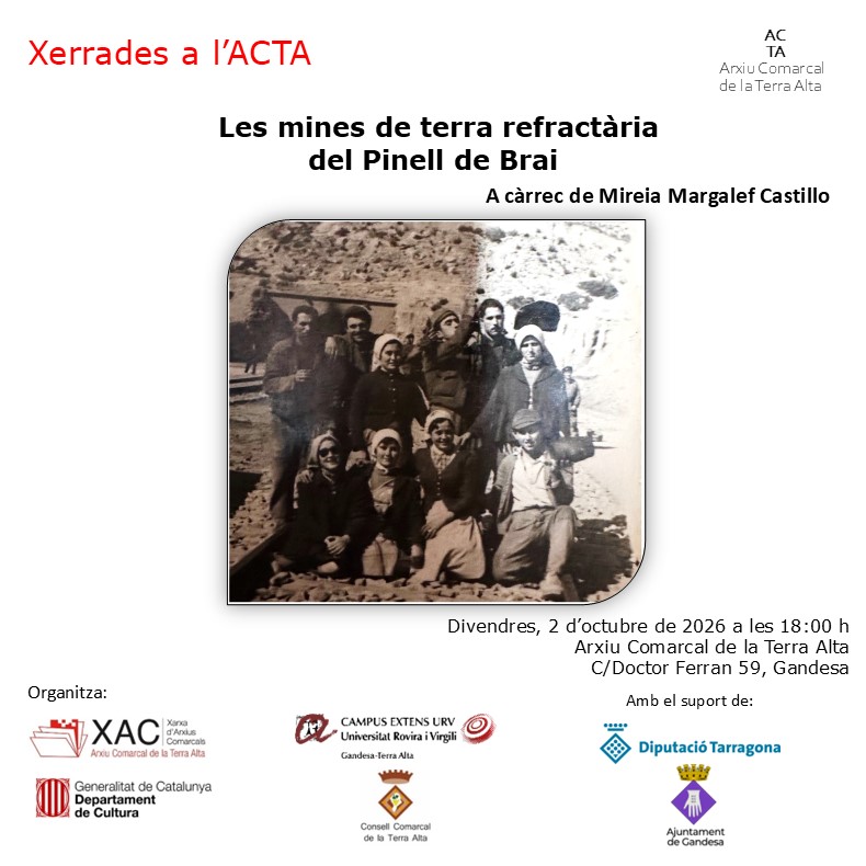 acterraalta's tweet photo. 🚨Ep, això és demà!!!
La @mireiamargalef2 ens durà fins a les històries de les mines de terra refractària de #elPinelldeBrai ⛏️
Us esperem a les 18:00 h a l'Arxiu
#XAC #Arxius @patrimonigencat https://t.co/8IpF5e9WIh