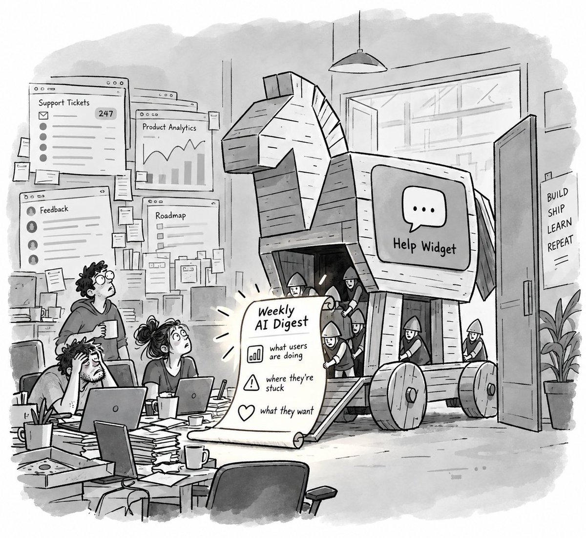 knowlith's tweet photo. Knowlith is a Trojan horse disguised as a help widget.

It quietly tracks how users interact with your product and help docs, then turns that into a weekly AI digest showing:

1⃣ what they’re doing
2⃣ where they’re stuck
3⃣ what they want

So you don’t have to keep digging through analytics and user feedback yourself.