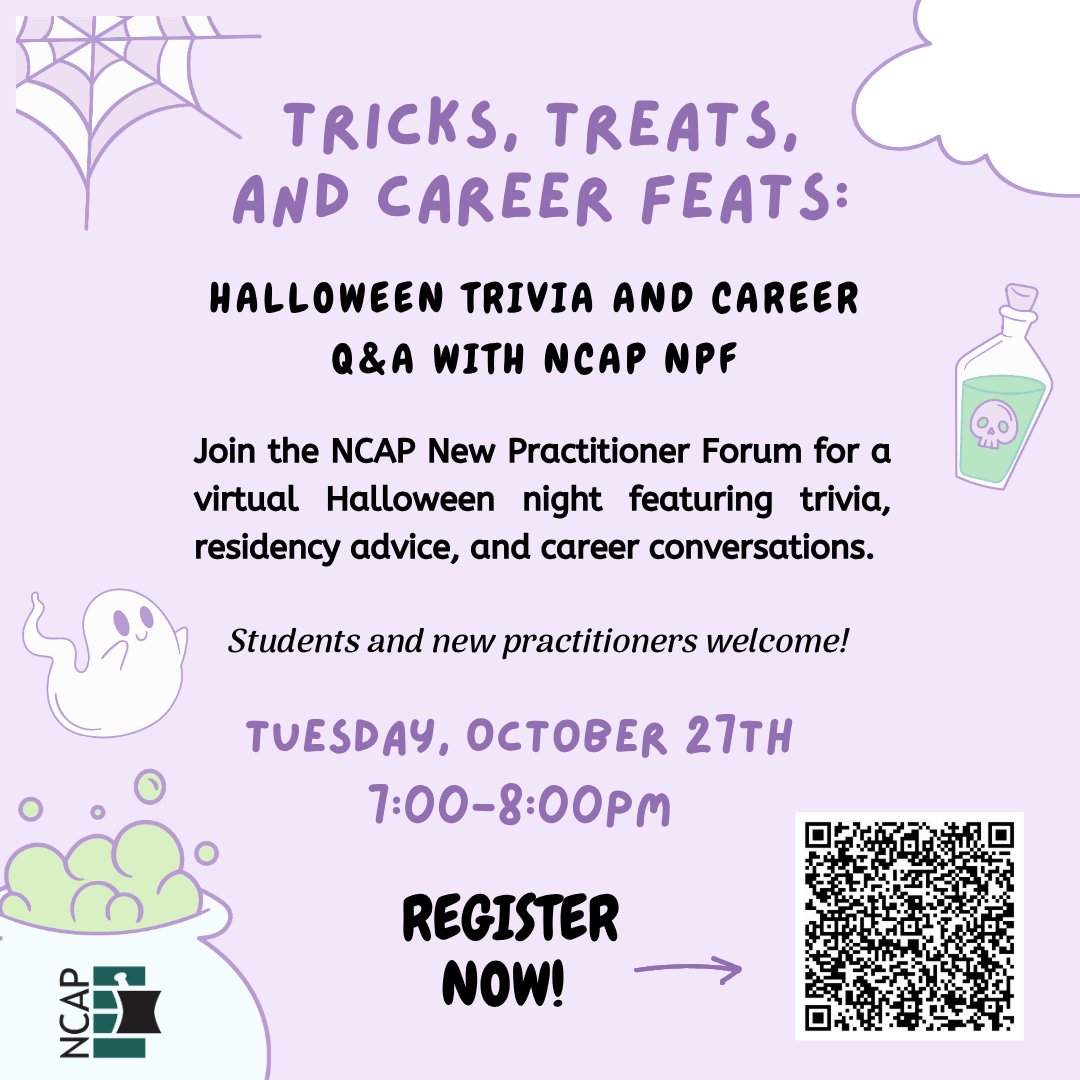 NCPharmacists's tweet photo. 🎃👻 TRICKS, TREATS & CAREER FEATS! 🧙♀️💊
👉 REGISTER NOW! 🔗https://t.co/Pt8tXDA8cc
For more information about this and other upcoming NCAP programs and events, visit the Events Calendar at https://t.co/cSo8SJwoYC to find an event that’s right for you!
#NCAP #NCAPNPF https://t.co/2xpWldXPvE
