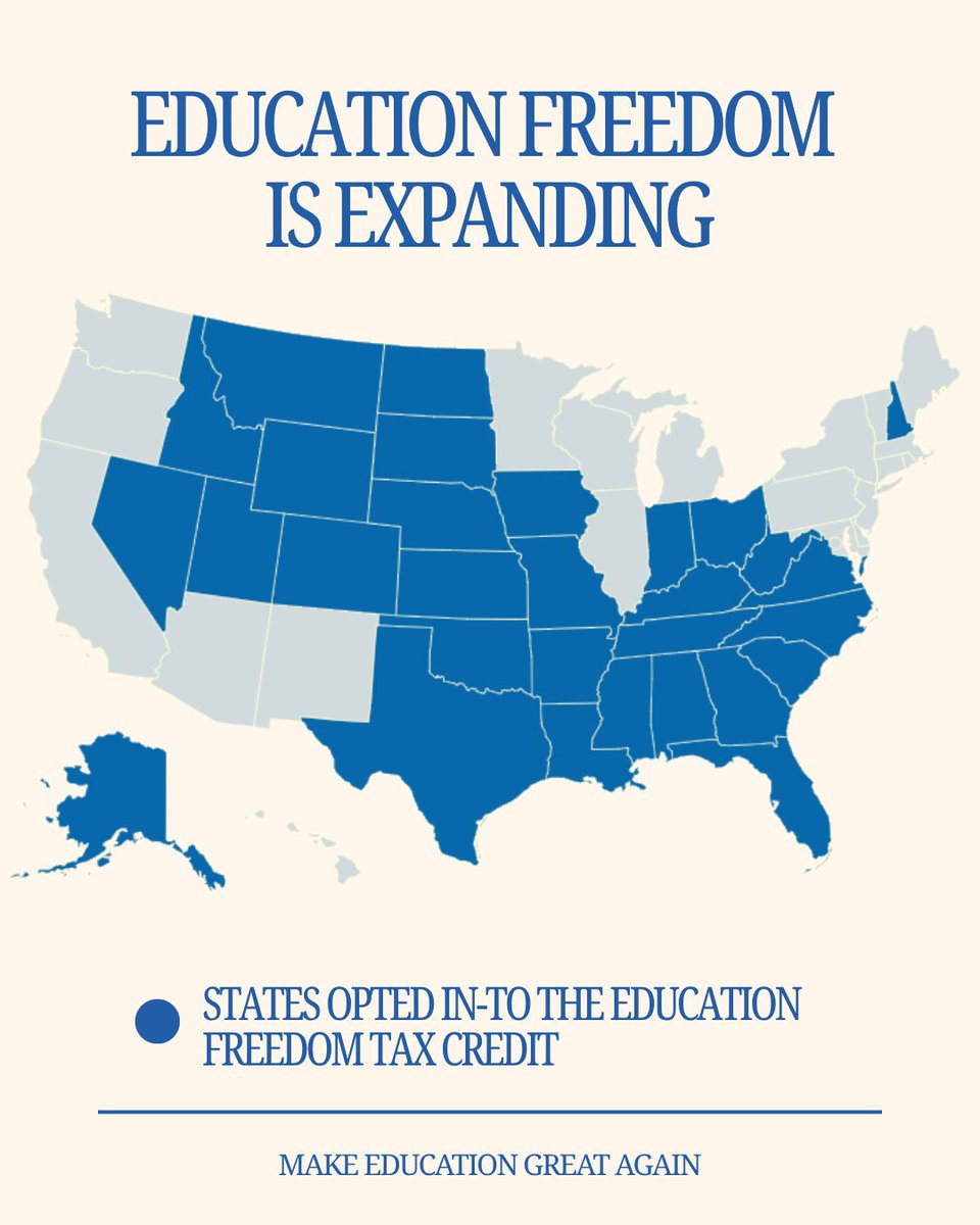 EDSecMcMahon's tweet photo. Parents deserve the freedom to choose the education that best fits their children’s needs.  

Thanks to today's proposed rules from @USTreasury the Education Freedom Tax Credit is closer than ever to delivering for millions of families.  

30 states are already on board – 20 to go!