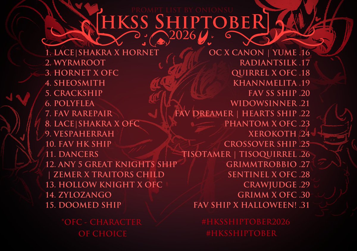 Onionsued's tweet photo. Made a shiptober hkss prompt list for my fellow shippers
#hksshiptober #hksshiptober2026 #silksong #hollowknight https://t.co/wVdEdQA7MN