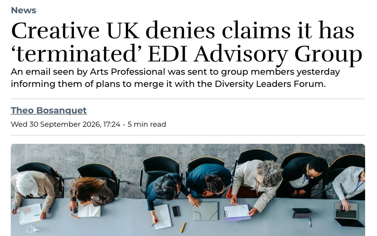 verdur_in's tweet photo. "Creative UK said it is not terminating its EDI Advisory Group, but instead ‘proposing to combine the EDIAG with our Diversity Leaders Forum to ensure one refreshed, integrated and holistic EDI network’".
 
Without Arts Professional and Hyperallergic, the art world wouldn’t be nearly as funny. Thank you for service.