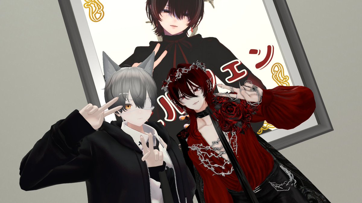 VRhachikou224's tweet photo. 26.10.01 #VRC_バンビーノ 本日のアフター！
……アフターじゃねぇか！！！
しょぼくれてたらミルテくんが一緒に撮ってくれました。

本日から一期生はハロウィンの装い。思わぬ大胆なお着換えっぷりにびっくり。
耳は生やしたけど……ちゃんとした仮装は当たった時にします。 https://t.co/22PndHaWiu
