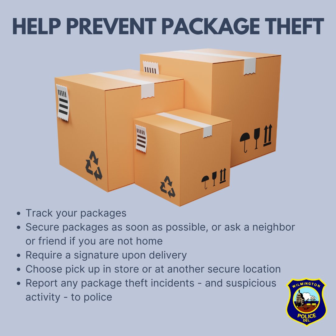 WPDPIO's tweet photo. The Wilmington Police Department encourages the public to take steps to help prevent package theft, and to report any suspicious activity to police. https://t.co/m3I5j2yulP