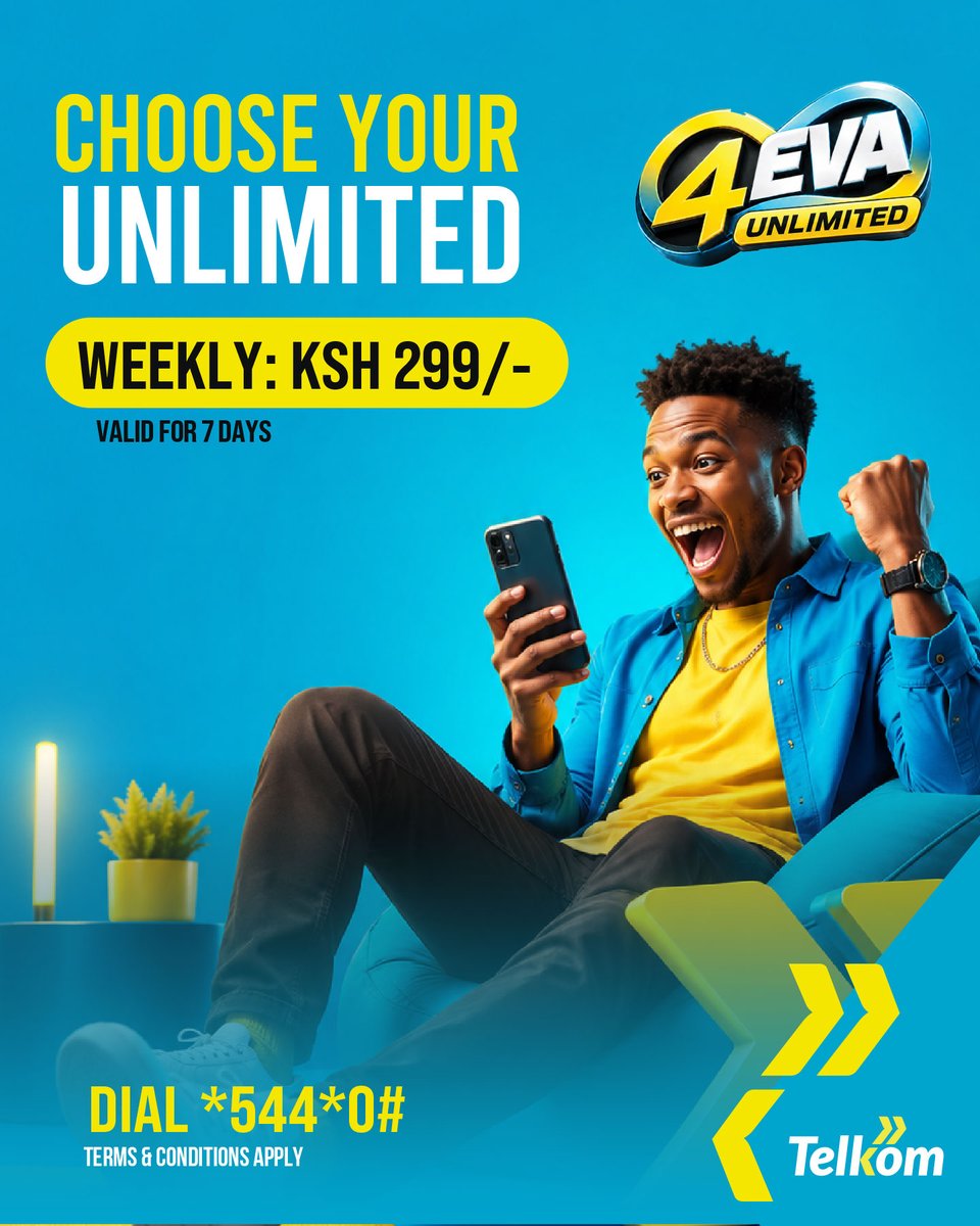TelkomKenya's tweet photo. Need unlimited data for a few hours, a day, a week or a month?

Choose 4EVA Unlimited Internet and stay connected without worrying about data limits.

⏰ Hourly | 📅 Daily | 🗓️ Weekly | 📆 Monthly

Dial *544*0# and choose your Unlimited package now! https://t.co/N4fjZ6mtw0