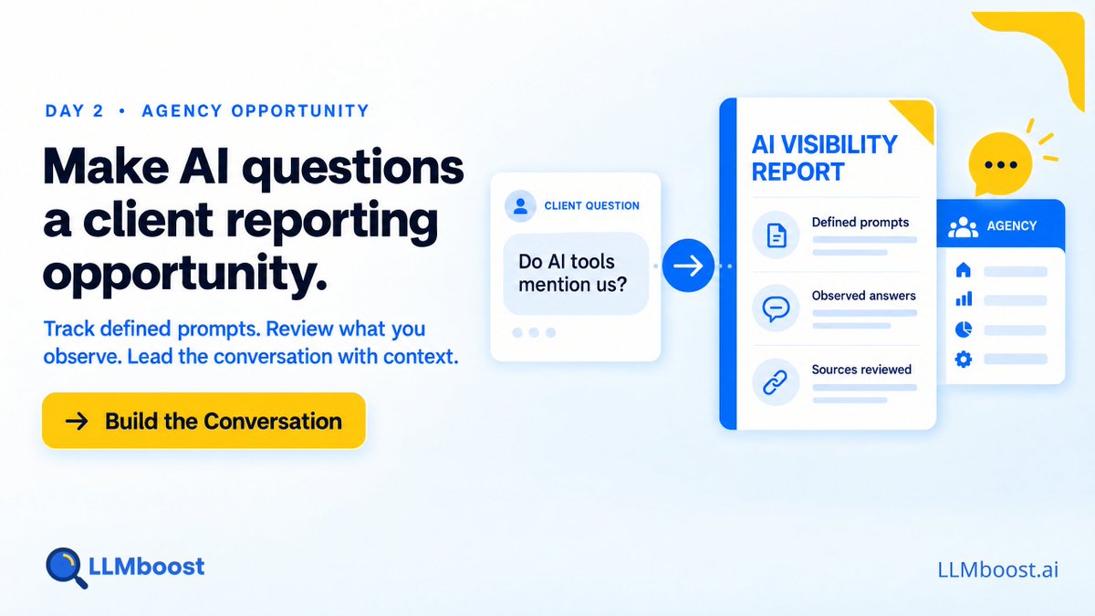 LLMboost's tweet photo. Clients may not ask for “GEO.” They will ask whether AI tools mention or recommend them.

That question can become a stronger reporting conversation: define the prompts, review what you observe, and add the context clients need.

#AgencyReporting #AIVisibility https://t.co/PTvHi88b0F