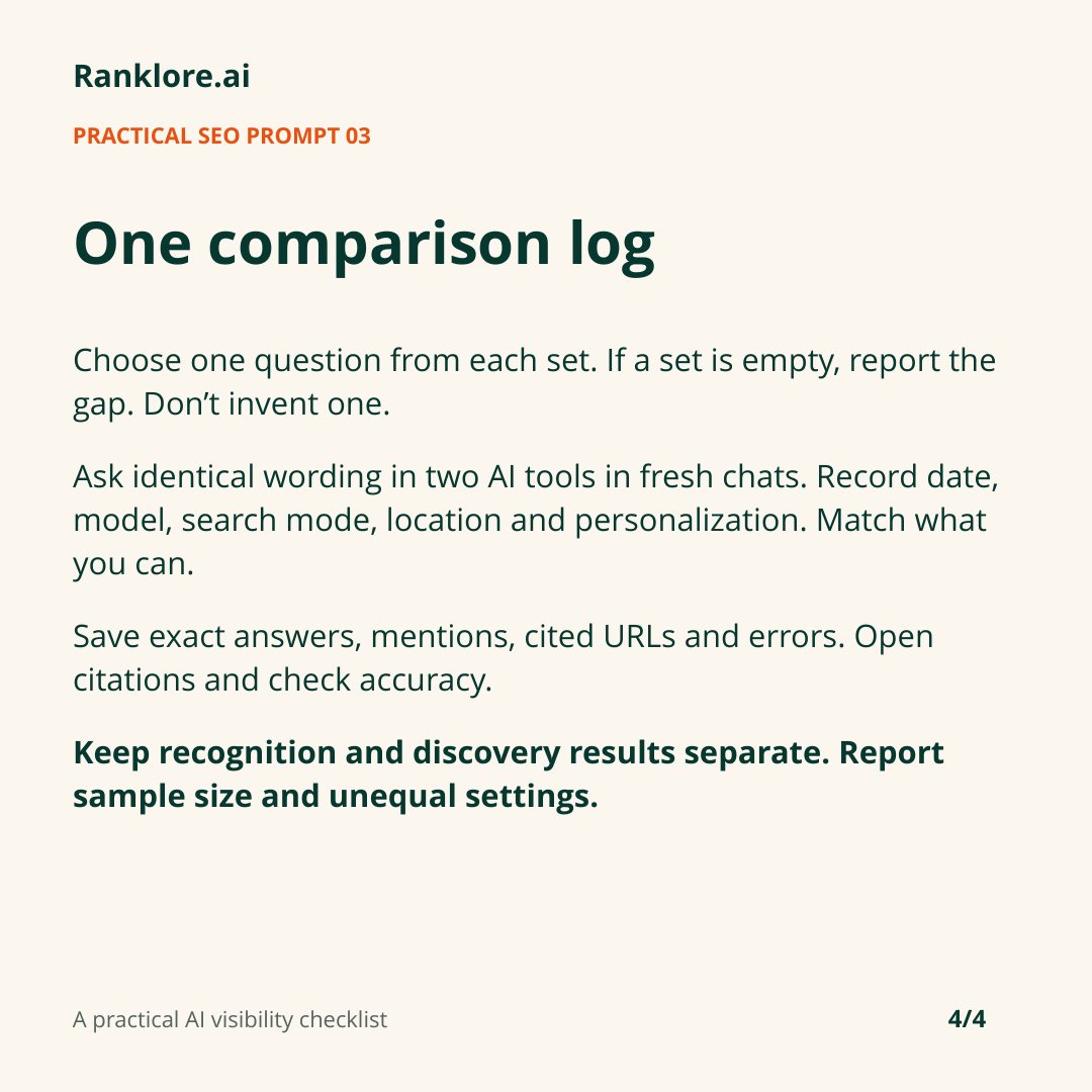 ranklore's tweet photo. A question with your brand name checks recognition. Try a buyer question without it to check discovery.

Use this prompt to sort real enquiries. Run the same questions across AI tools, save answers and citations, then check the differences.

Full method below. https://t.co/dPkXeWDX6Z