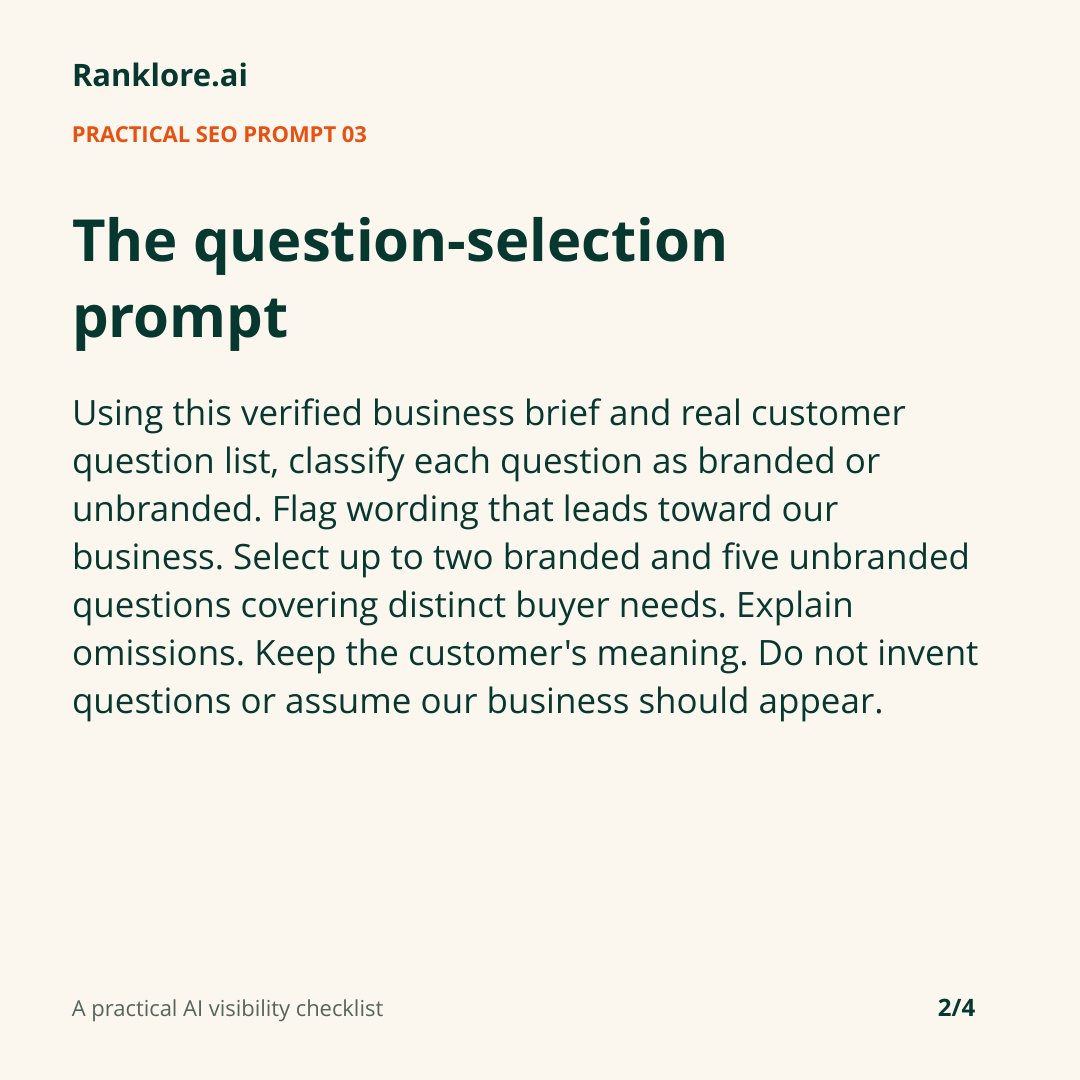ranklore's tweet photo. A question with your brand name checks recognition. Try a buyer question without it to check discovery.

Use this prompt to sort real enquiries. Run the same questions across AI tools, save answers and citations, then check the differences.

Full method below. https://t.co/dPkXeWDX6Z