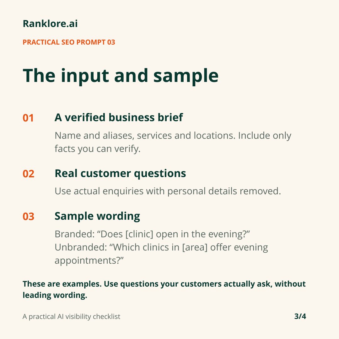 ranklore's tweet photo. A question with your brand name checks recognition. Try a buyer question without it to check discovery.

Use this prompt to sort real enquiries. Run the same questions across AI tools, save answers and citations, then check the differences.

Full method below. https://t.co/dPkXeWDX6Z