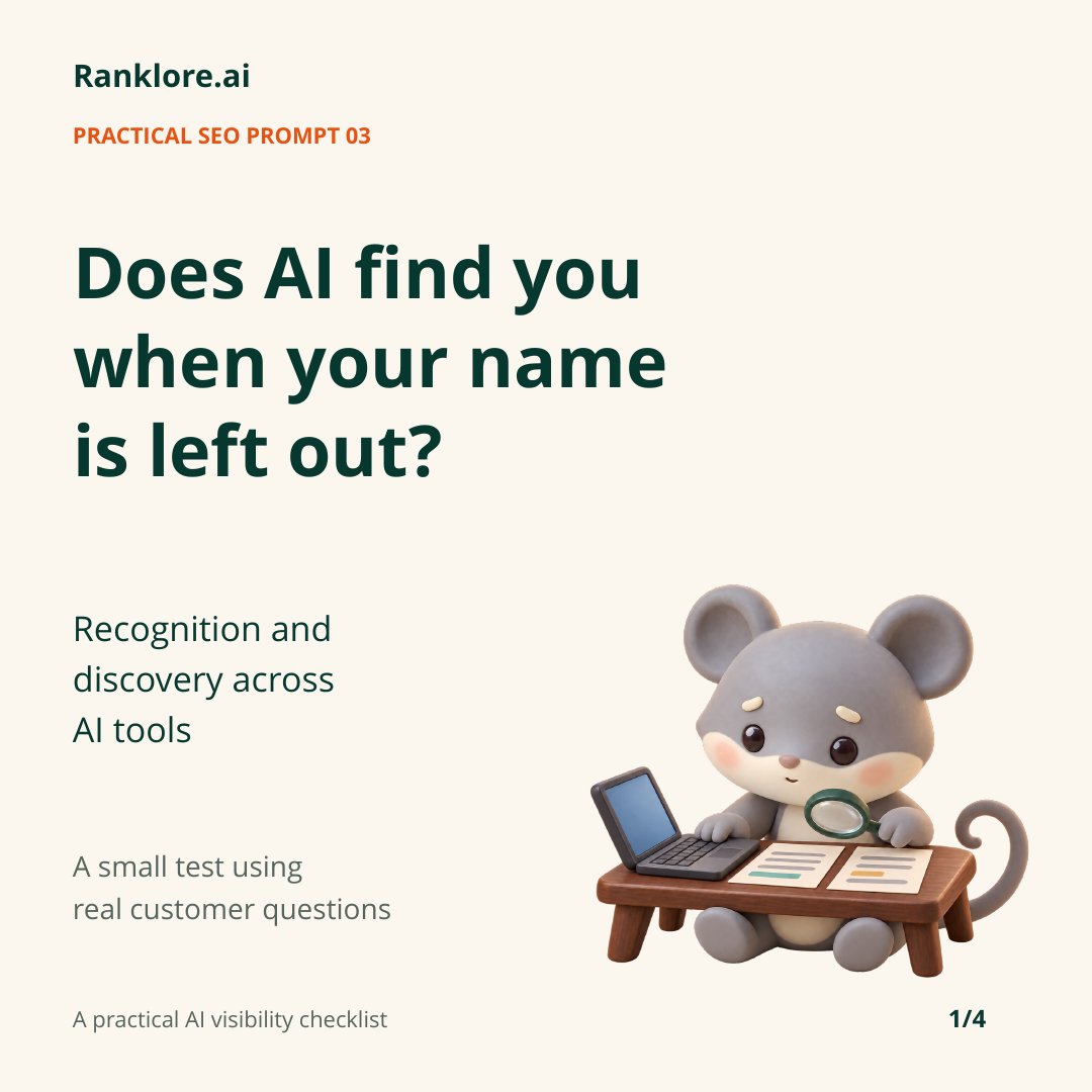 ranklore's tweet photo. A question with your brand name checks recognition. Try a buyer question without it to check discovery.

Use this prompt to sort real enquiries. Run the same questions across AI tools, save answers and citations, then check the differences.

Full method below. https://t.co/dPkXeWDX6Z