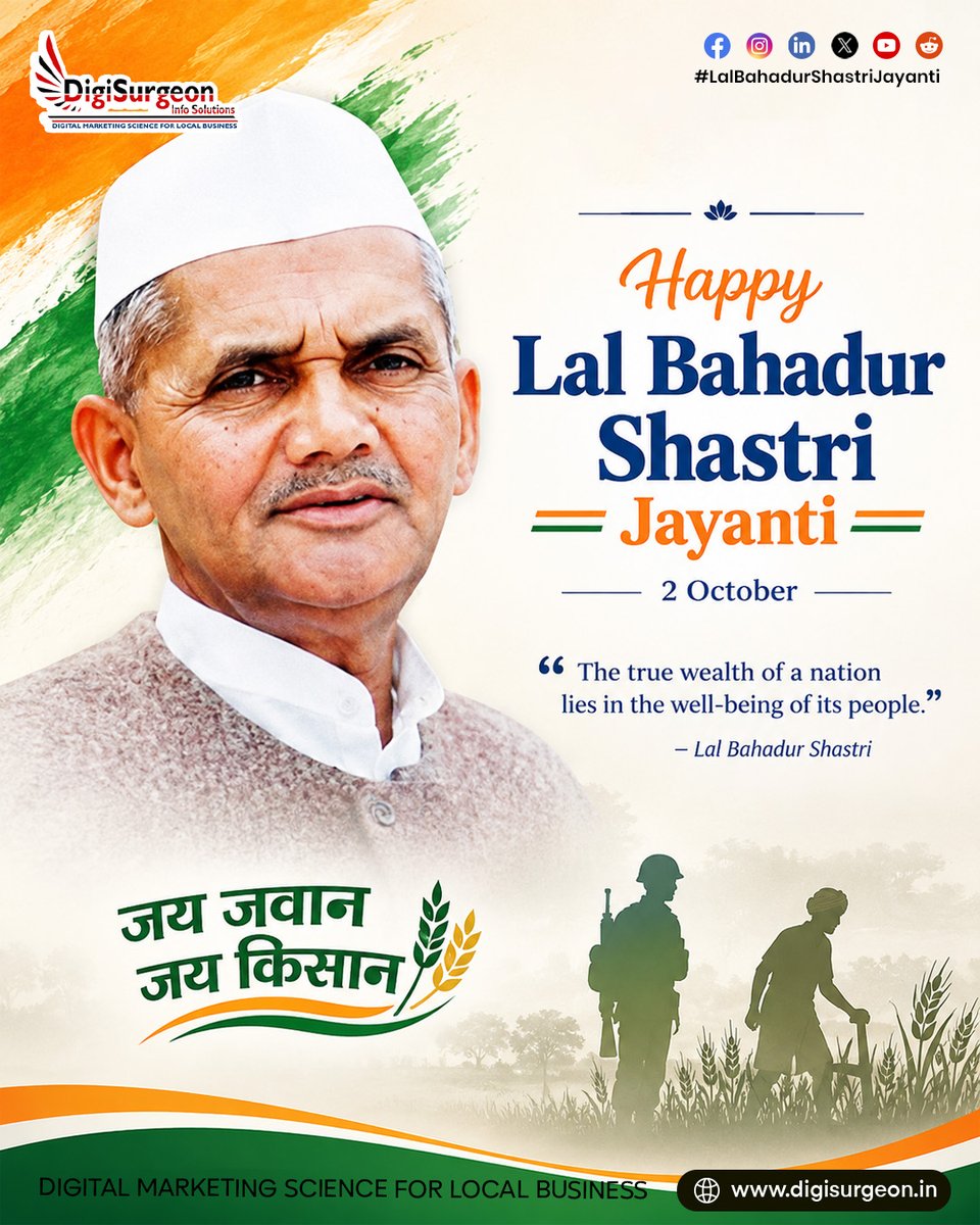 Digi_Surgeon's tweet photo. The true wealth of a nation lies in the well-being of its people. #LalBahadurShastriJayanti
@Digi_Surgeon
CALL Now! 7905273410 | 8840133701
Web - https://t.co/MfWVVTpa3d
#digitalpromotion #GoogleAdsPartner #DigiSurgeon #dis #marketingdigital #disteam #googletrustedagency https://t.co/GU4uVqx3Ho