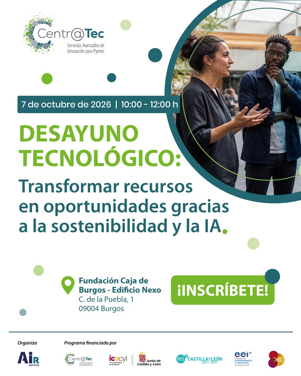 TheAirInstitute's tweet photo. ⏰ ¡Nos vemos la próxima semana en Burgos!
El 7 de octubre, #Centratec reúne a pymes y emprendedores para hablar de sostenibilidad, economía circular e IA.
🤖 IA + economía circular
💡 Ayudas ICECYL
🤝 Networking
📍 Edificio Nexo | 🕙 10:00 h
👉 https://t.co/SIbonbPaqR https://t.co/4W75HkZPfN