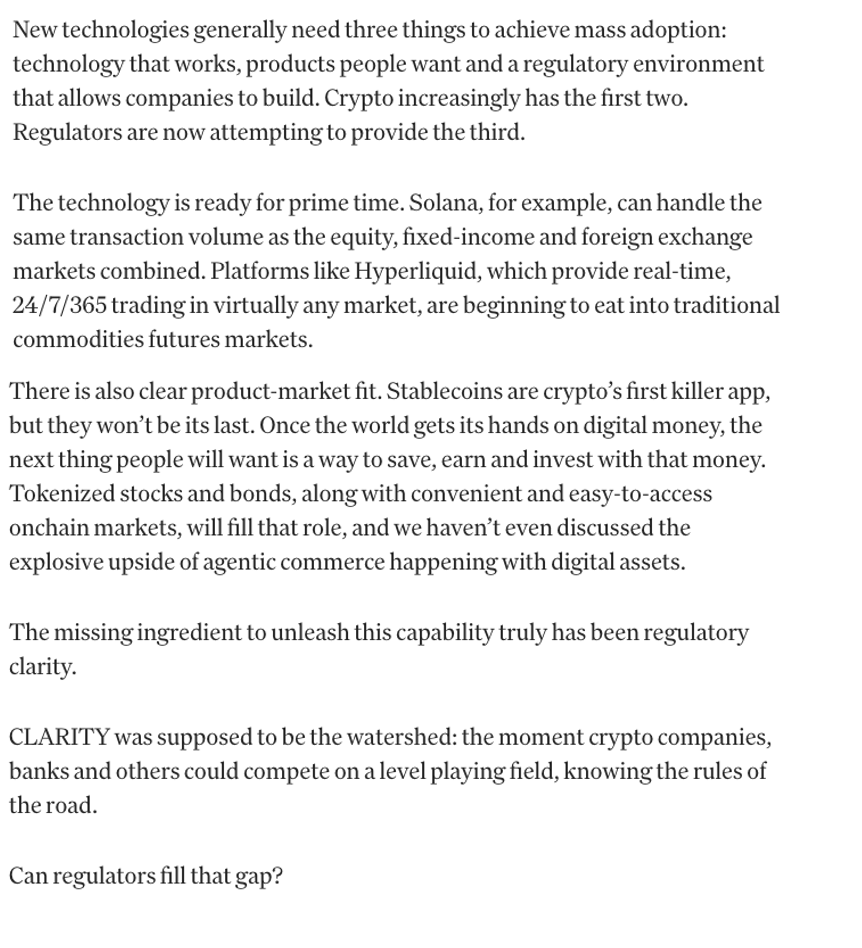 alextapscott's tweet photo. The CLARITY Act failed—but crypto got some clarity anyway.

The SEC and CFTC stepped in where Congress did not.

Will rulemaking be enough to unlock the next wave of crypto adoption—or will the momentum prove fleeting?

My take for @CoinDesk in this week’s Crypto for Advisors 👇 https://t.co/5BOI5G2atw