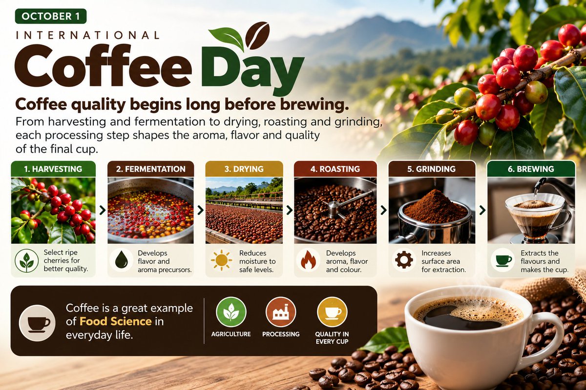 InamSci's tweet photo. ☕ Coffee quality begins long before brewing.

From harvesting and fermentation to drying, roasting and grinding, each step shapes the aroma, flavor and quality of the final cup.

Coffee is Food Science in everyday life.

#InternationalCoffeeDay #FoodScience #Coffee https://t.co/IHQB1MWTfh