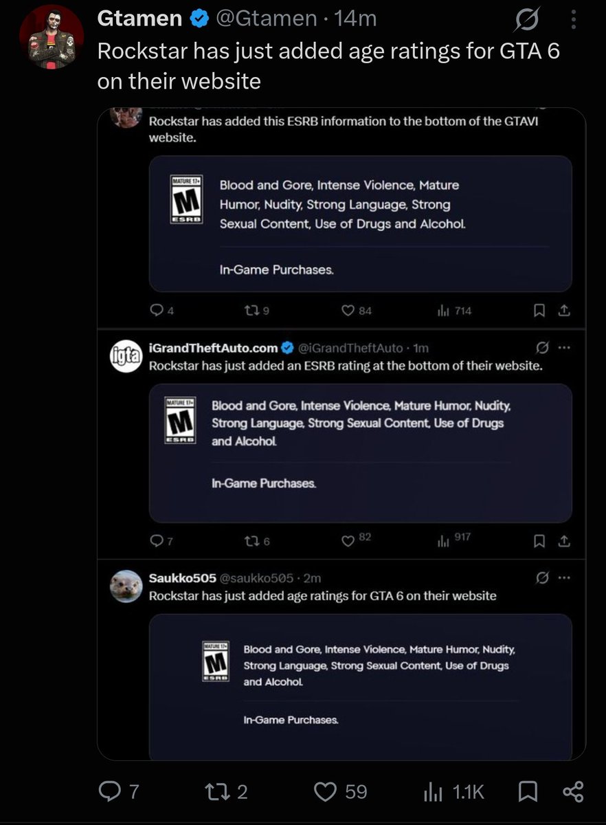 TheNathanNS's tweet photo. Apparently Rockstar have added the official ESRB ratings for GTA VI https://t.co/CDfvG5IvmP