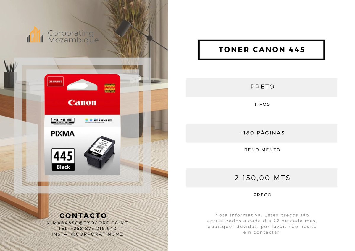 CorporatingMz's tweet photo. 🖋️ Tinteiro Canon 445
Ideal para impressoras Canon Pixma! 💪
✅ Preto
🏢 Impressora: Pixma MG2440, MG2540, MX494, iP2840, MG2940, MG3040
📄 Rendimento: ~180 páginas
💰 2.150,00 MT
📍 Av. Mao Tsé Tung, Nº 1245 | 📞 875216640 | 📸 @corporatingmz https://t.co/GepiX3Rrn3